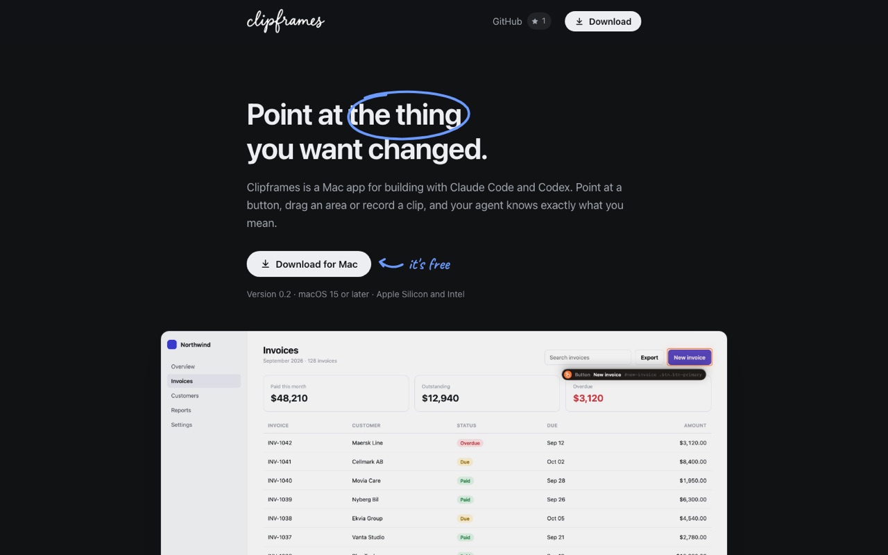 Clipframes, a side project by Emil Wagman: point at the thing you want changed