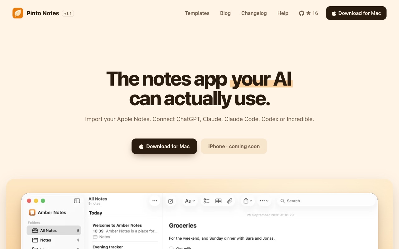 Pinto Notes, a side project by Emil Wagman: the notes app your AI can actually use